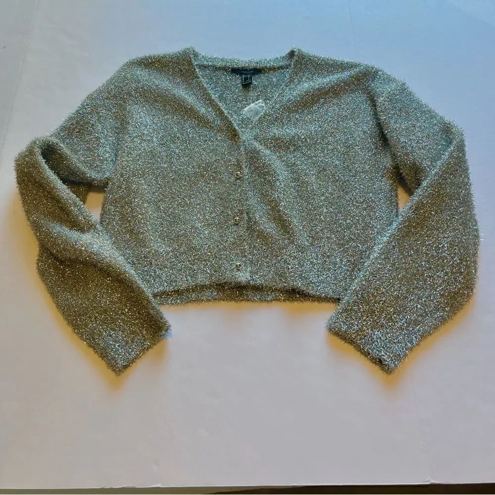 Forever 21 Women's Shiny Silver Crop Cardigan Sweater Size Large